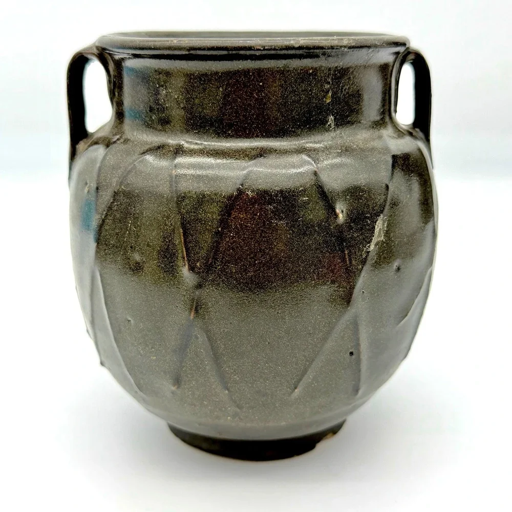 Antique 19thC Asian Brown Glazed Stoneware‎ Jar Cross Hatch Estate